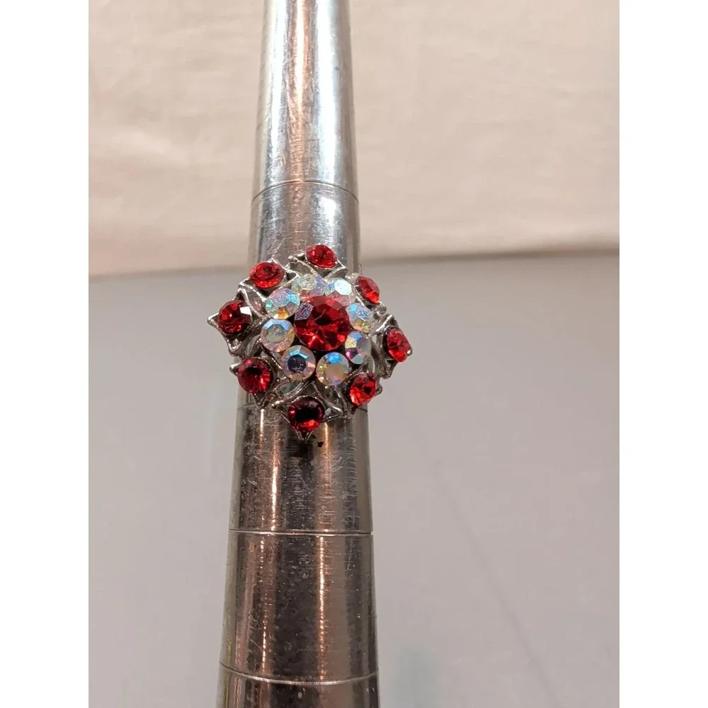 Vintage Red Iridescent Glass Stone Cluster Cocktail Ring Silver Tone Adjustable